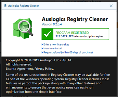 Auslogics Registry Cleaner Pro v8.2.0.4 about