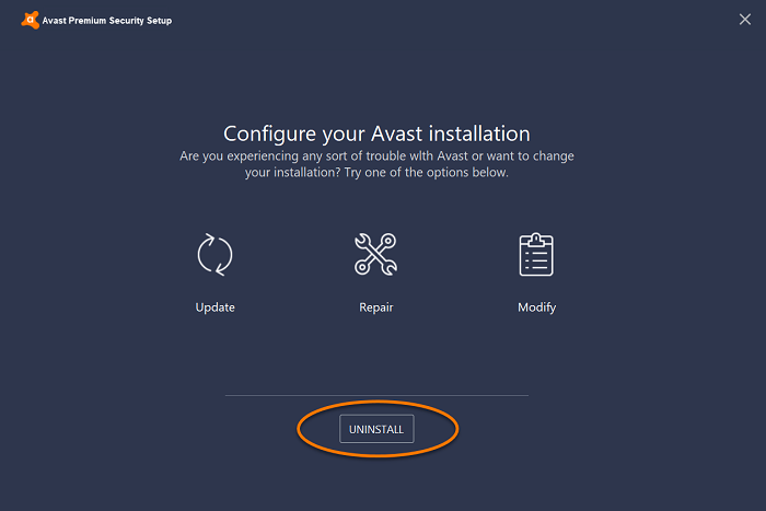 select uninstall from avast setup configuration