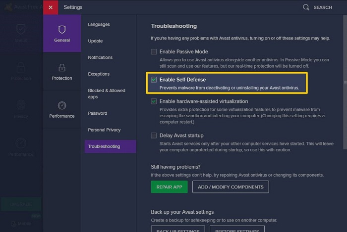 enable self defense from avast troubleshoot
