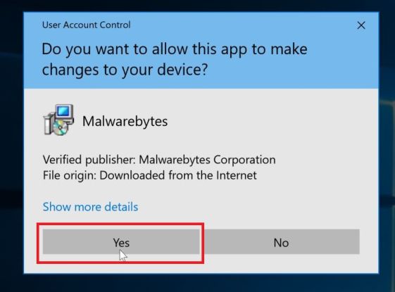 click yes on windows prompt to make changes