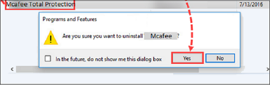 click yes to continue mcafee programs removal