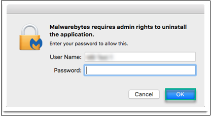 enter mac log in password to start uninstalling malwarebytes